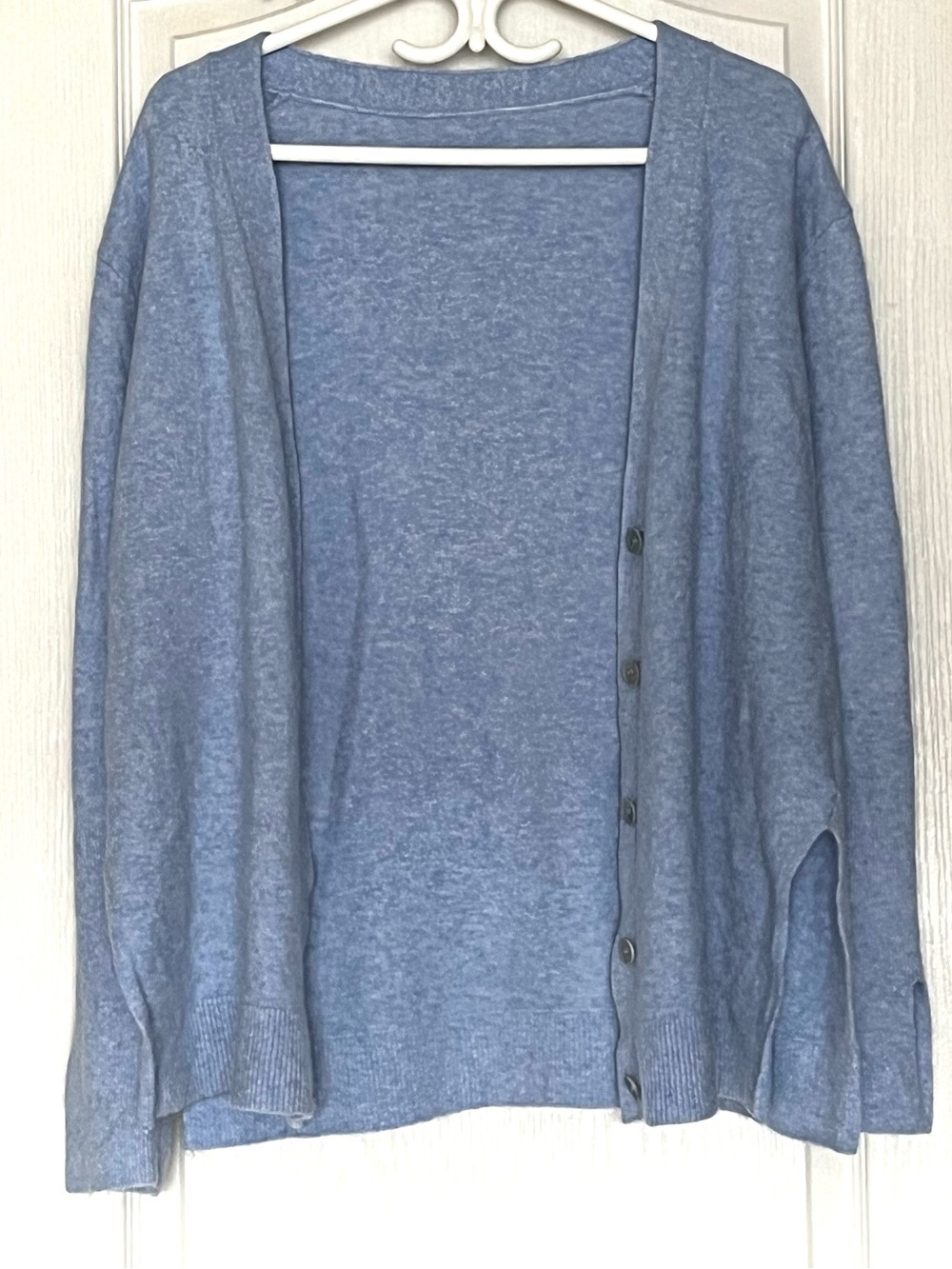 Blue Knit Cardigan Sweater Alpaca Wool Blend Oversized Drop Shoulder L Coquette